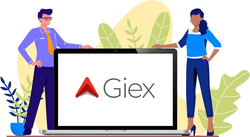 Homem e mulher ao lado de uma grande tela com o logo da solução Giex